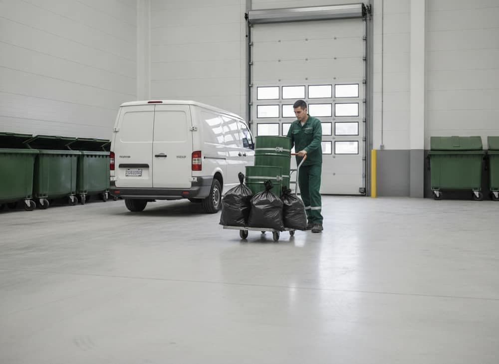 Tambores y bolsas selladas de residuos de control de plagas en la recepción de la planta